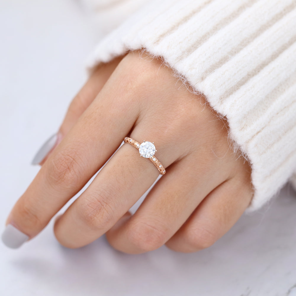 0.68 CT Round Milgrain Pave Moissanite Engagement Ring