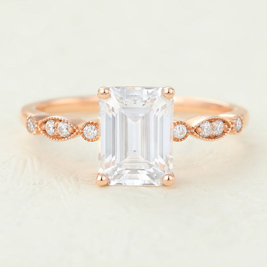 1.6 CT Emerald Milgrain Pave Lab-Grown Diamond Engagement Ring