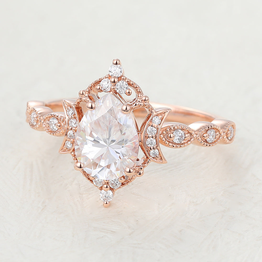 0.9 CT Pear Vintage Cluster & Pave Moissanite Engagement Ring