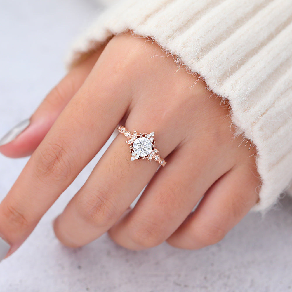 0.9 CT Round Vintage Cluster & Pave Moissanite Engagement Ring