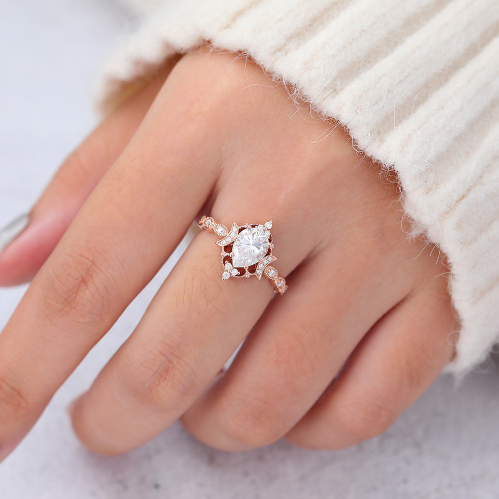 0.9 CT Pear Vintage Cluster & Pave Moissanite Engagement Ring
