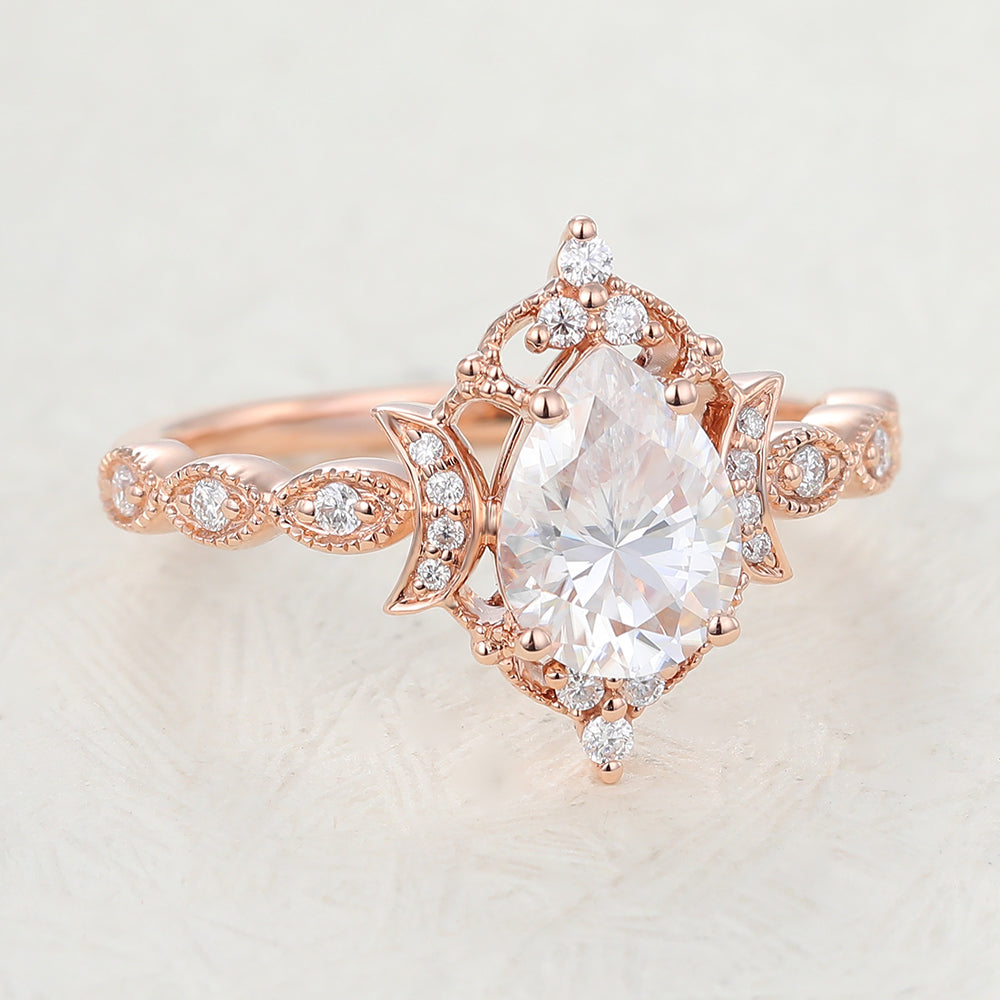 0.9 CT Pear Vintage Cluster & Pave Moissanite Engagement Ring