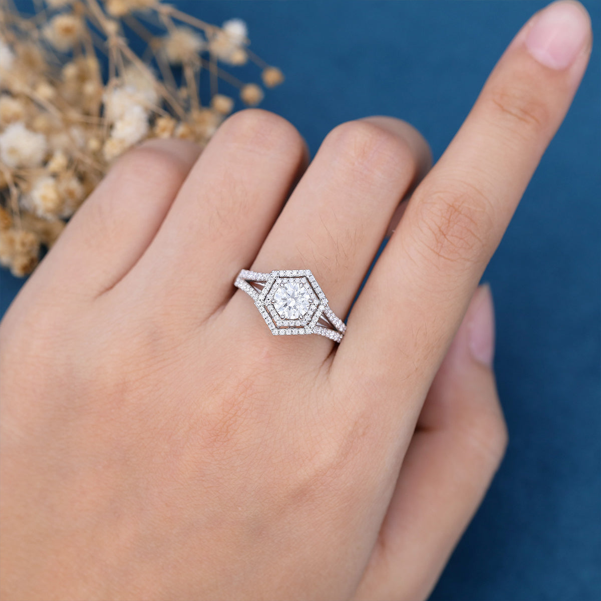 0.68 CT Round Double Halo Pave & Spilt Shank Lab Grown Diamond Engagement Ring