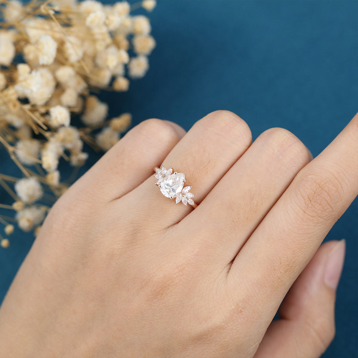 1 CT Pear Cluster Lab Grown Diamond Engagement Ring