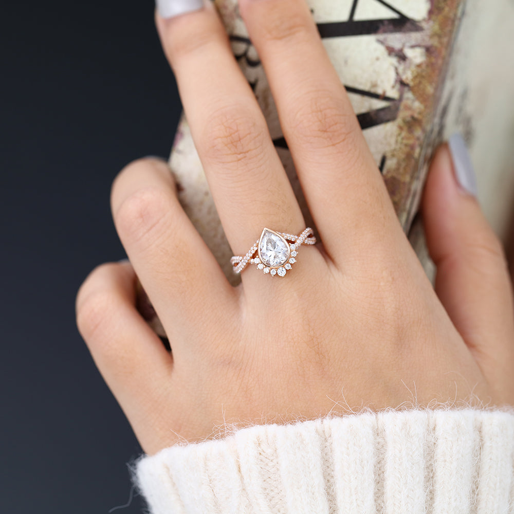 0.9 CT Pear Cluster & Bezel Moissanite Engagement Ring