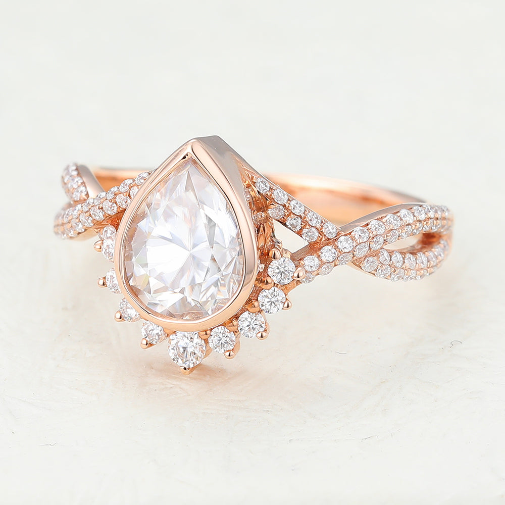 0.9 CT Pear Cluster & Bezel Moissanite Engagement Ring